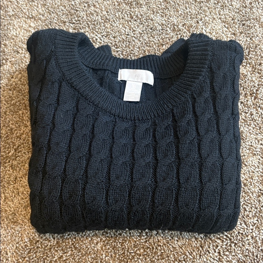 Black Cable Knit Crewneck Sweater | Size Small | Oversized Fit